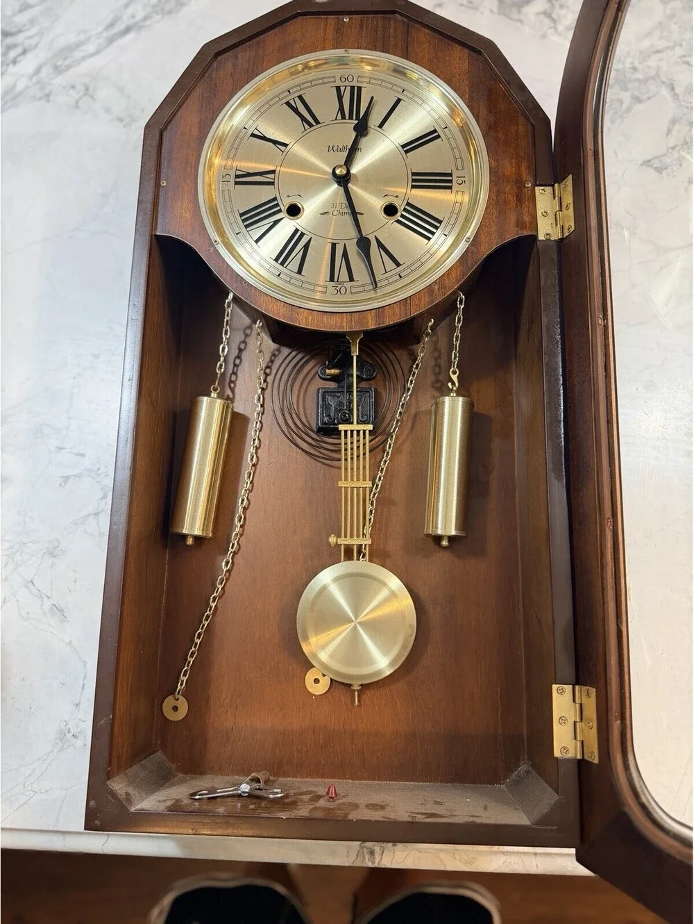 Waltham 31 Day Chime Wall Clock Driven Pendulum Works Key